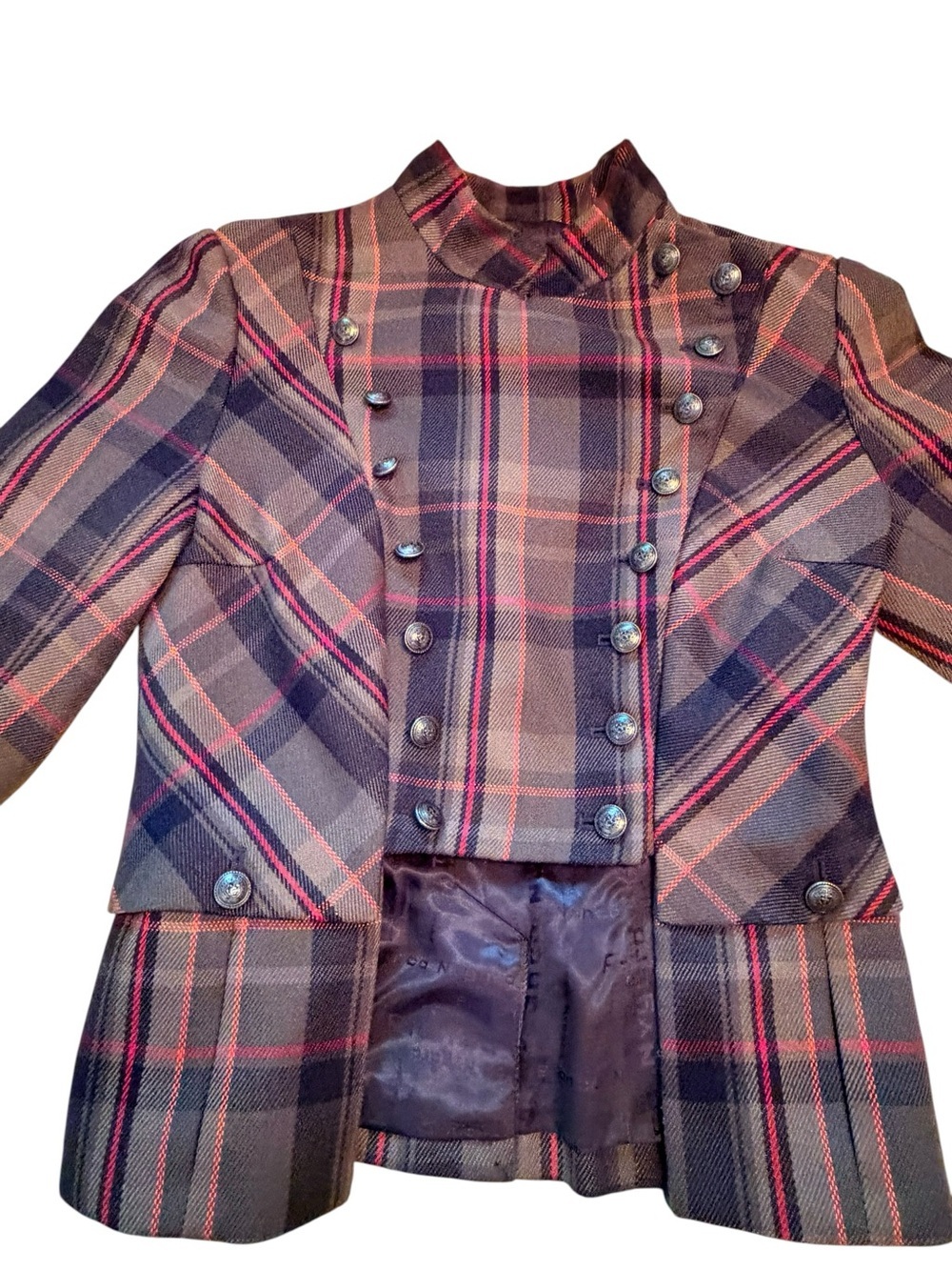 Plaid Double-Breasted Military-Style Blazer - Brown & Red